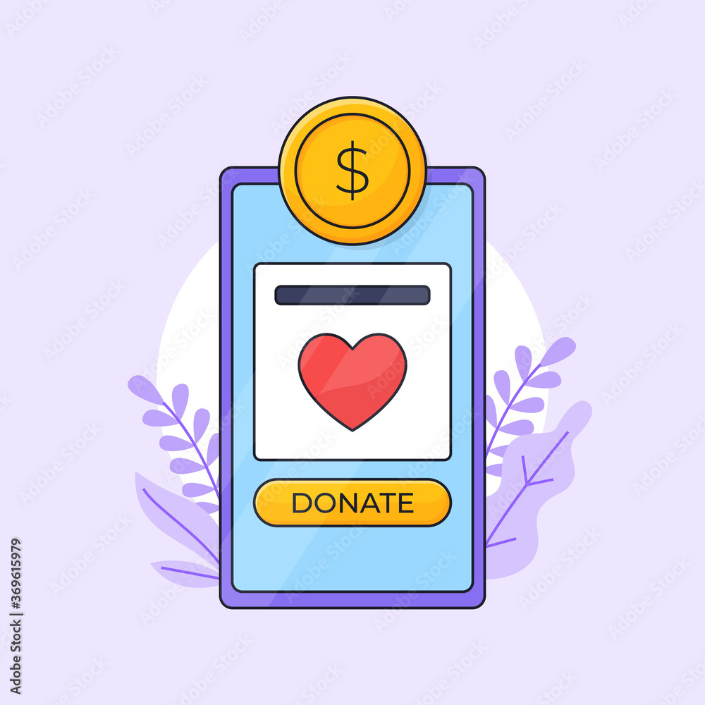 Charity undraising application vector outline illustration. Donation mobile app interface with gold coin icon. Charity undraising application vector outline illustration. Donation mobile app interface with gold coin icon.