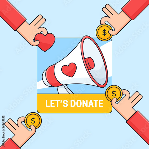Lets Donate poster for fundraising and human care community concept design. Megaphone with heart illustration outline flat vector.