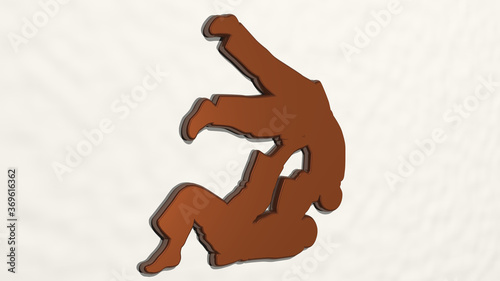 judo from a perspective on the wall. A thick sculpture made of metallic materials of 3D rendering. karate and martial