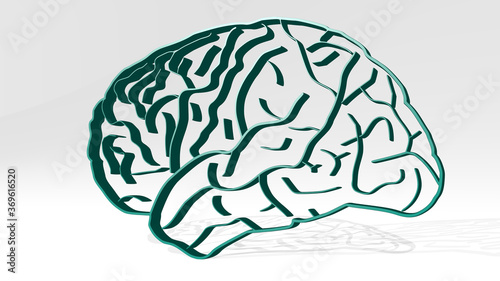 Canvas Print brain made by 3D illustration of a shiny metallic sculpture with the shadow on light background