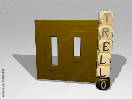 3D graphical image of TRELLO vertically along with text built around the icon by metallic cubic letters from the top perspective. excellent for the concept presentation and slideshows photo