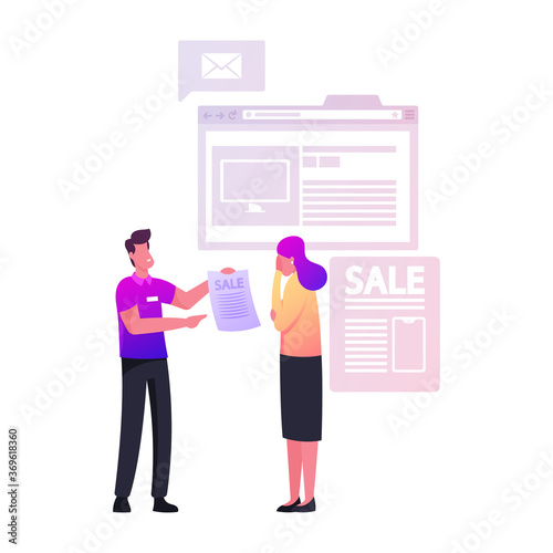 Hard Sell, Consumerism. Intrusive Man Promoter Character Giving Invitation Flyer for Visiting New Store for Shop Opening