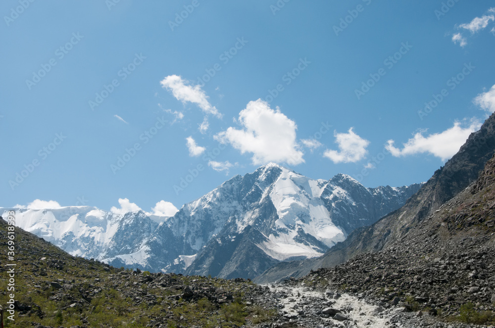 Close-up view of Belukha mountain under blue sky in summer, Natural Park Belukha, the Altai Republic, Russian Federation