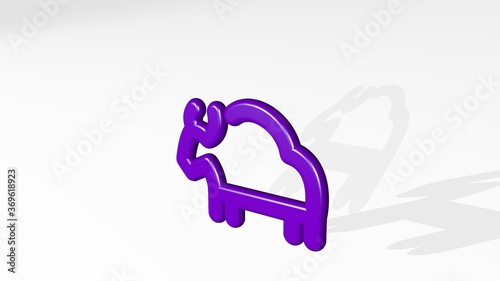 livestock bull body made by 3D illustration of a shiny metallic sculpture with the shadow on light background. animal and farm