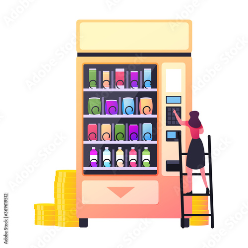 Retail Technology for Selling Fastfood. Vending Machine Food Concept. Tiny Female Character Put Coin for Buying Snacks