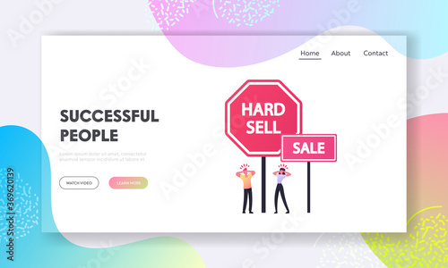 Advertisement Landing Page Template. Tiny Characters Suffer of Intrusive Adware Stand at Huge Hard Sell and Sale Promo