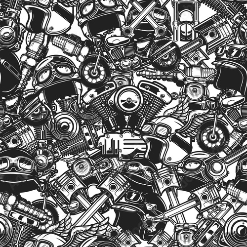 Seamless pattern with auto repair design elements in monochrome style. Design element for poster, card, banner. Vector illustration