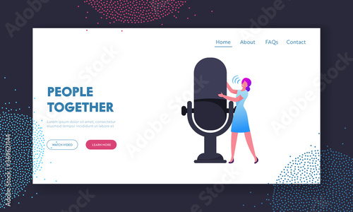 Business Conference, Online Meeting or Politics Debates Concept Landing Page Template. Female Speaking at Microphone