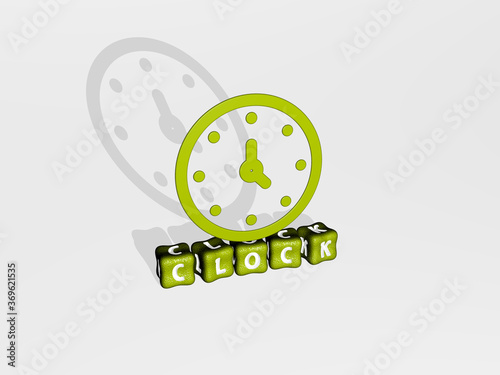 3D graphical image of CLOCK vertically along with text built by metallic cubic letters from the top perspective, excellent for the concept presentation and slideshows. illustration and background photo