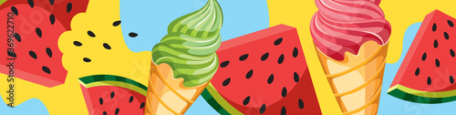 watermelon and ice cream on a bright background. bright and stylish cover. vector illustration