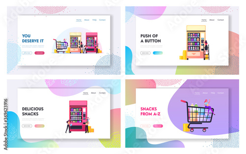 Vending Machine Food Landing Page Template Set. Tiny Characters Buying Snacks from Huge Automate, Retail Technology