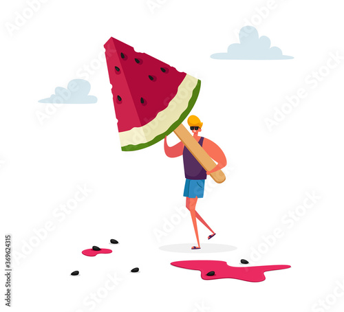 Tiny Male Character Carry Huge Watermelon Ice Cream Popsicle on Wooden Stick. Summer Delicious Sweet Dessert, Cold Treat