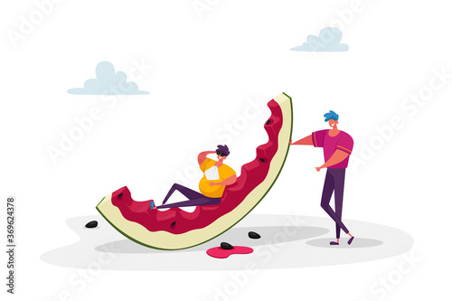 Summertime Leisure. Tiny Male Character with Huge Watermelon Enjoying Summer Vacation Holidays. People Eating, Relaxing