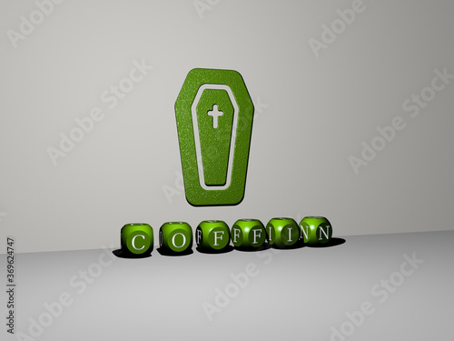 3D graphical image of coffin vertically along with text built by metallic cubic letters from the top perspective, excellent for the concept presentation and slideshows. illustration and background