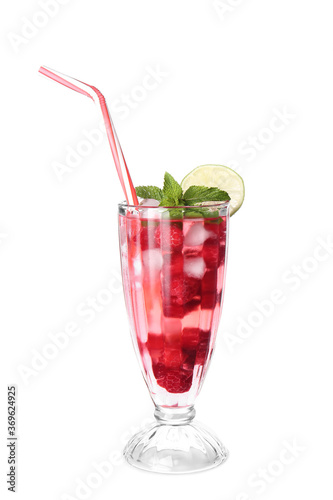 Glass of cold raspberry tea on white background