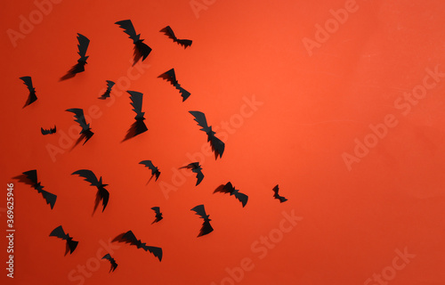 Paper cut Flying bats and on orange bright background. Halloween background. Top view. Copy space