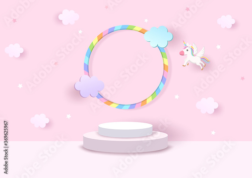 Pink platform 3d with unicorn and rainbow