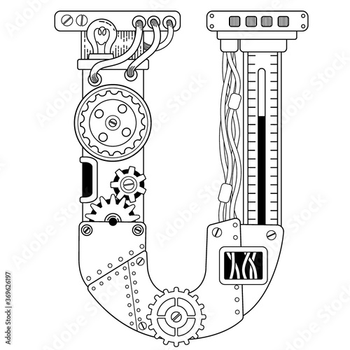 Vector coloring book for adults. Steampunk font. Mechanical alphabet made of metal gears and various details on white background. Capital letter U