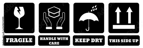 International Packing Symbols with name on black background. (Fragile icon, Handle with care icon, Keep dry icon, This side up icon)