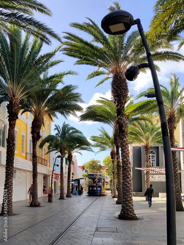 Downtown of Aruba with streetcar, Oranjestad, Caribbean