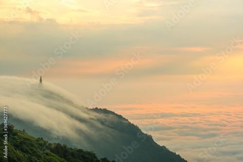Fog with mountains, beautiful sunrise at Phu thap berk, Phetchabun, Thailand. August 2020. 