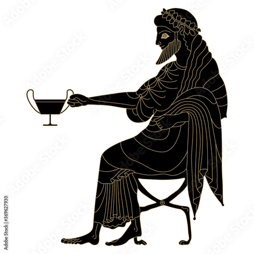Seated ancient Greek man holding cup. God of wine Dionysus or Bacchus. Monochrome silhouette. Vase painting style.