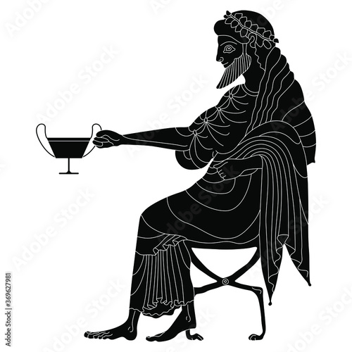 
Seated ancient Greek man holding cup. God of wine Dionysus or Bacchus. Black and white silhouette. Vase painting style.