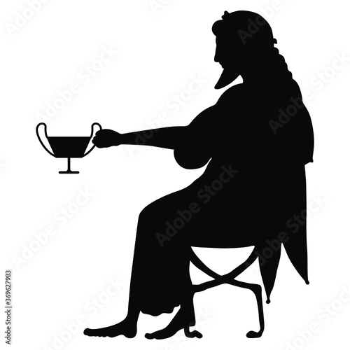 Silhouette of seated ancient Greek man holding cup. God of wine Dionysus or Bacchus.