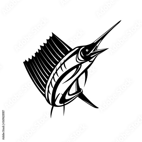 Atlantic Sailfish or Indo-Pacific Sailfish a Billfish Jumping Up Retro Woodcut Black and White