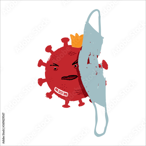 coronavirus molecule is hidden behind a face mask. concept of the second wave of covid