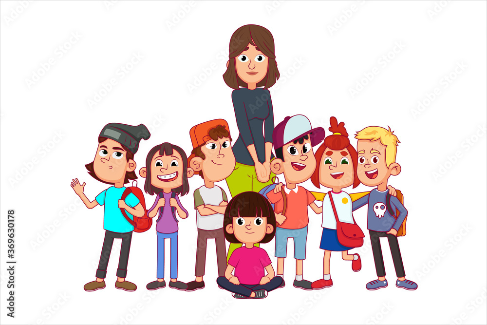 Back to School Concept with Young Smiling Woman Teacher and Group of Kids.