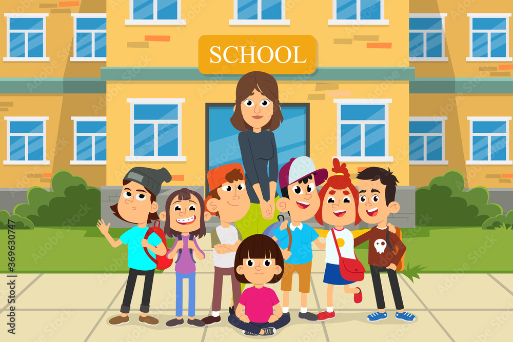 Back to School Concept with Young Smiling Woman Teacher and Group of Kids