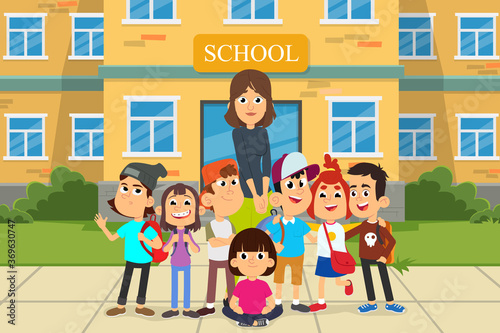 Back to School Concept with Young Smiling Woman Teacher and Group of Kids