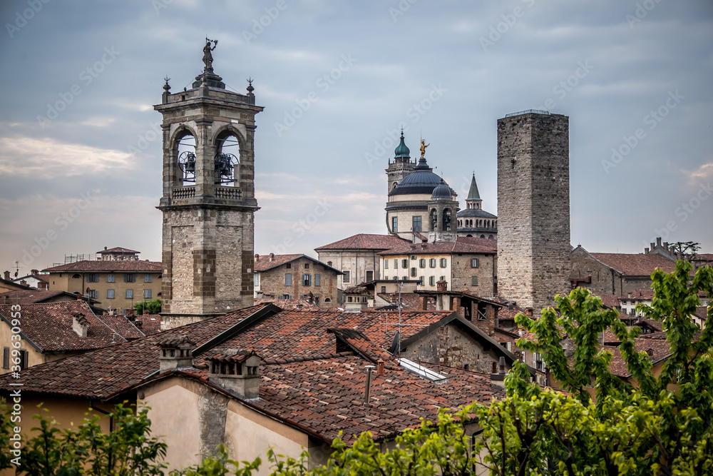 Beautiful view of the Upper city of Bergamo. Lombardy, Italy