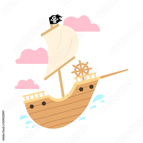 Pirate ship with black skeleton flag crossing sea