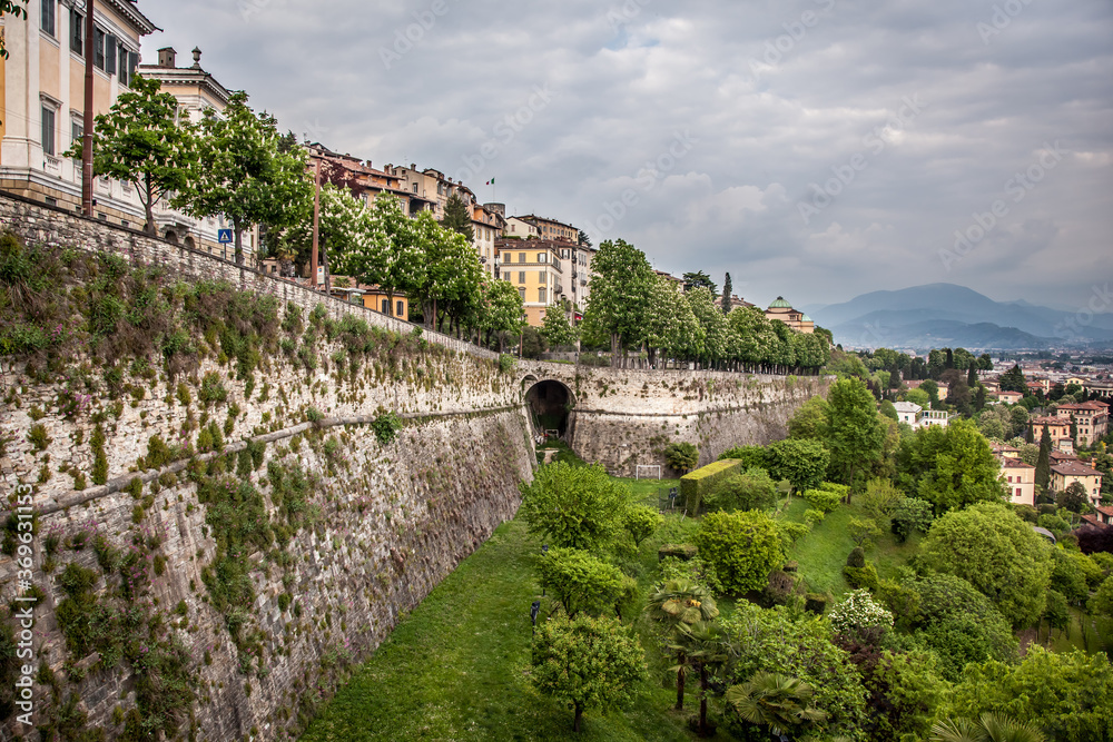 Beautiful view of the Upper city of Bergamo. Lombardy, Italy