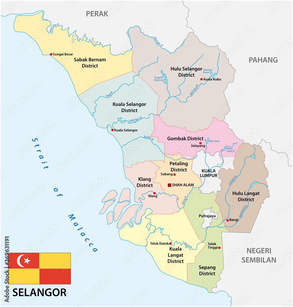 administrative vector map of the malay state of selangor with flag