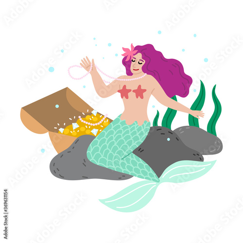 Mermaid with tale sitting on sea bottom stone and trying treasures