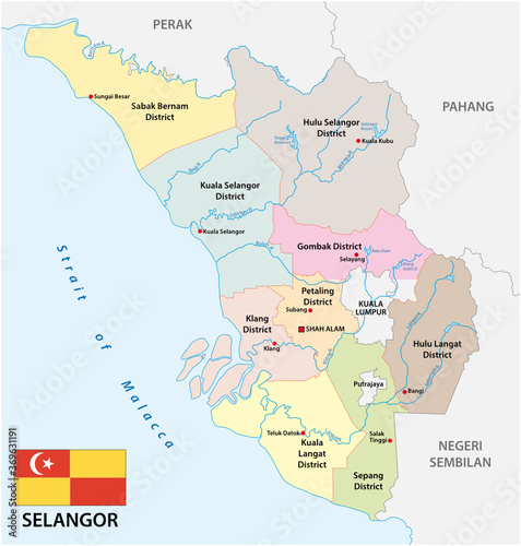 administrative vector map of the malay state of selangor with flag