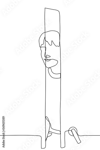man stuck his head through the open door and smiles. One continuous line art. The concept of a welcome guest, welcoming invitation, pleasant meeting, good news