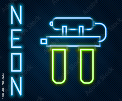 Glowing neon line Water filter icon isolated on black background. System for filtration of water. Reverse osmosis system. Colorful outline concept. Vector Illustration.