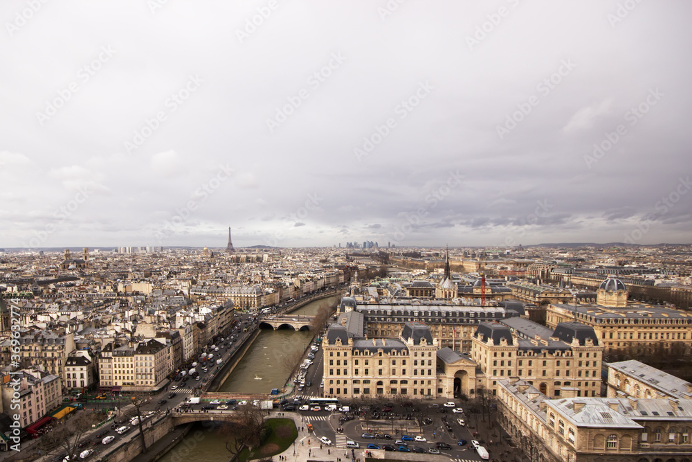 View on a cloudy day of the city of Paris from the top of Notre Dame