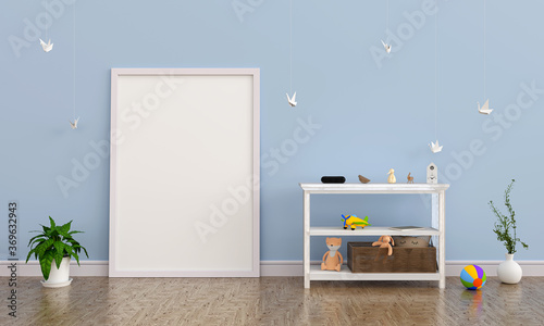 child room with white frame for art work, 3d rendering