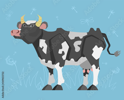 A cute cow. Vector illustration of an animal on a blue background with grass.