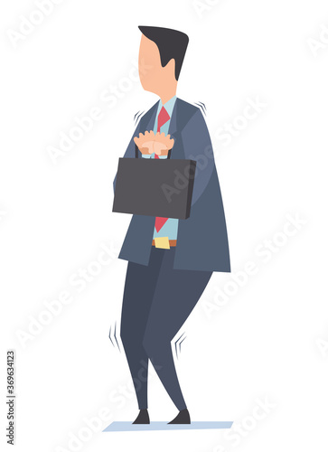 Frightened businessman. A man with a breafcase in his hands is trembling with fear. Vector illustration of an office worker.