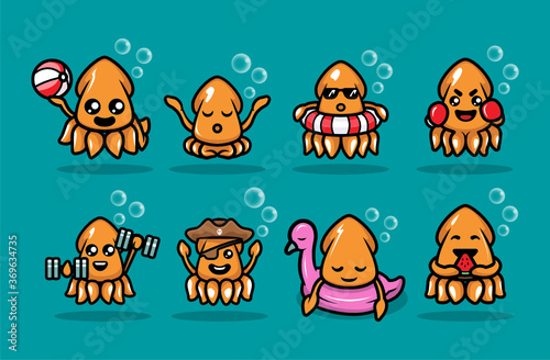 Cute squid mascot design illustration vector template set with isolated background