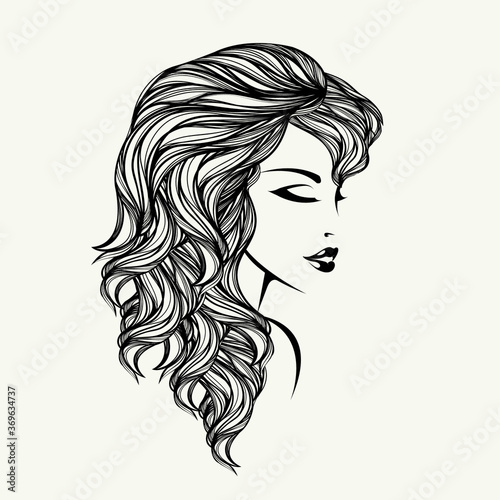 Woman with long, curly hairstyle and elegant makeup.Hair salon and beauty studio vector illustration.Cosmetics and spa logo.Young lady portrait.Beautiful girl face isolated on light background.