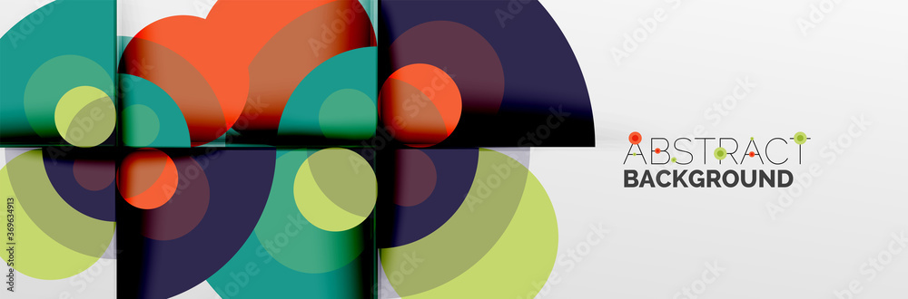 Fototapeta premium Bright color circles, abstract round shapes and triangles composition with shadow effects. Vector modern geometric design template