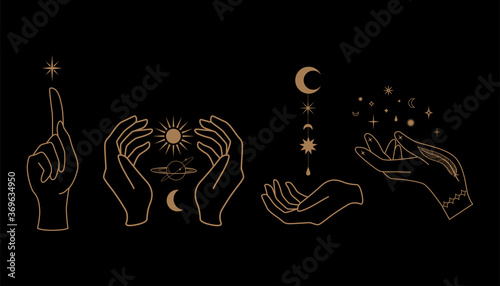 Mystical celestial illustration with hands, stars, planets and geometric elements