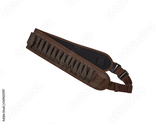 Modern bandolier for cartridges of 12 calibers isolate on a white back. Cartridge belt olive green. Accessory for hunters and shooters. photo